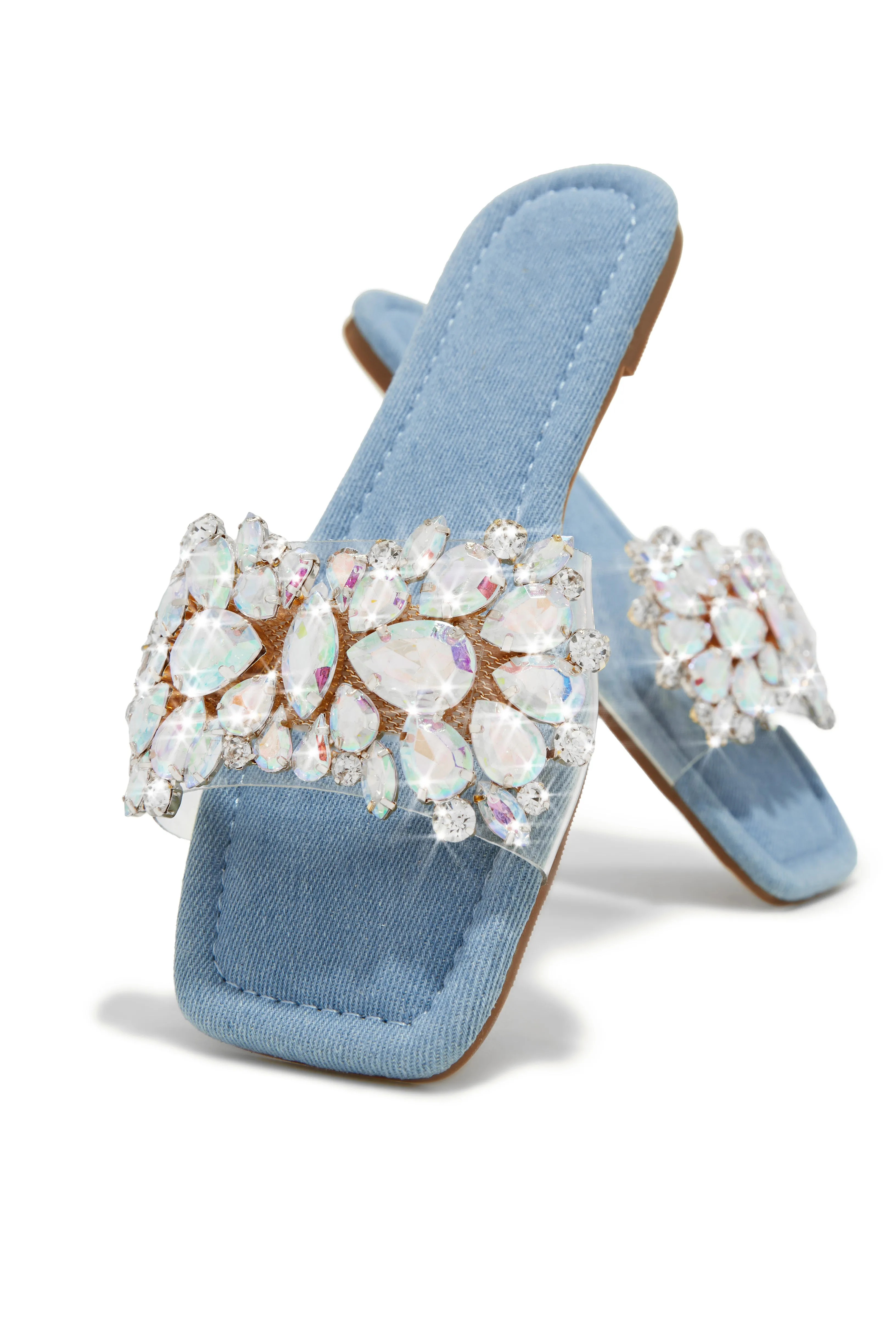 Caribbean Island Embellished Slip On Sandals - Denim